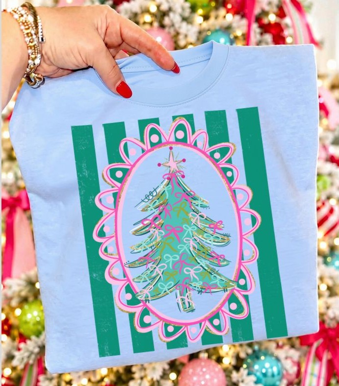 Christmas Bow Tree Frame with Stripes - DTF