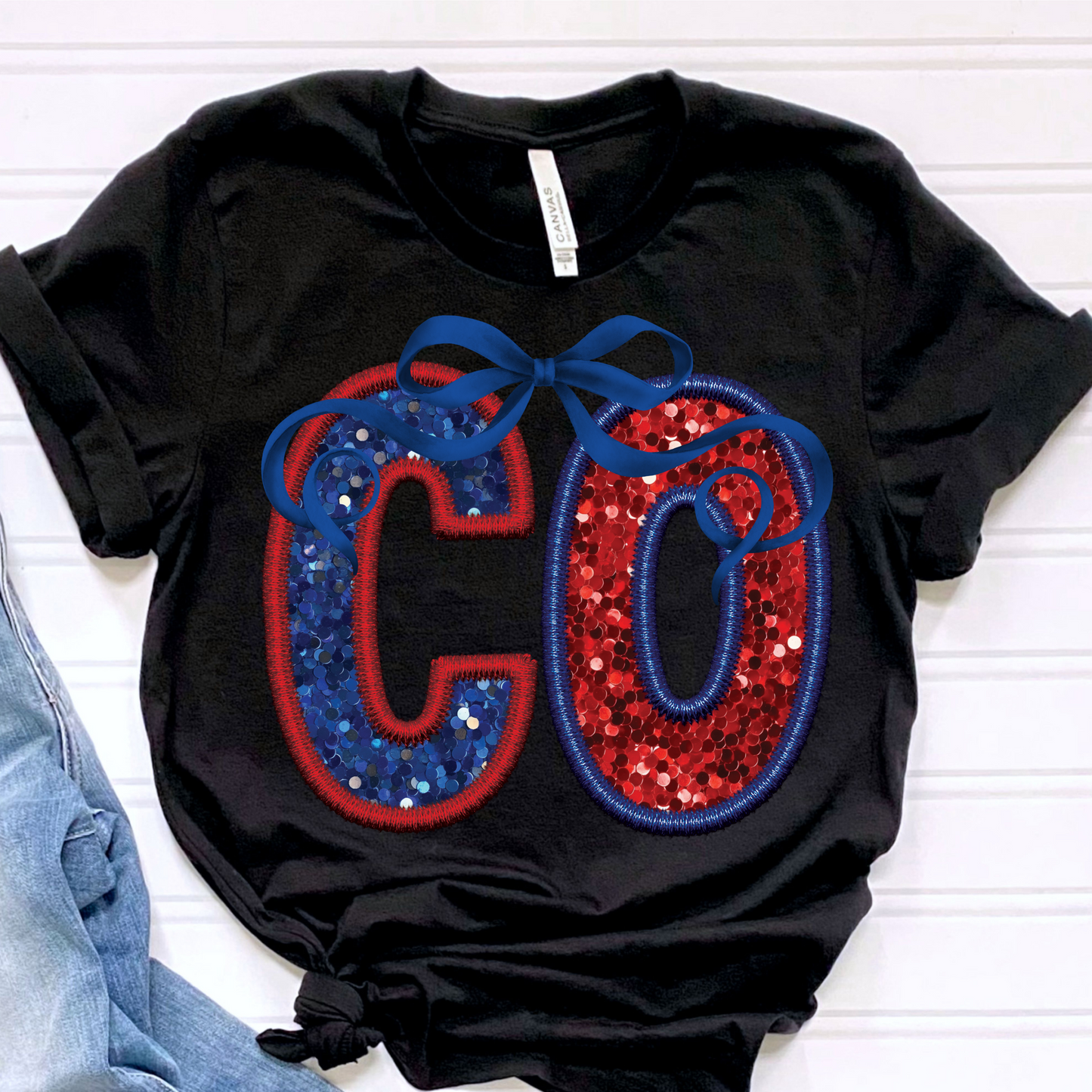 CO (Patriotic Bow State Abbrev. faux embroidered sequins) - DTF