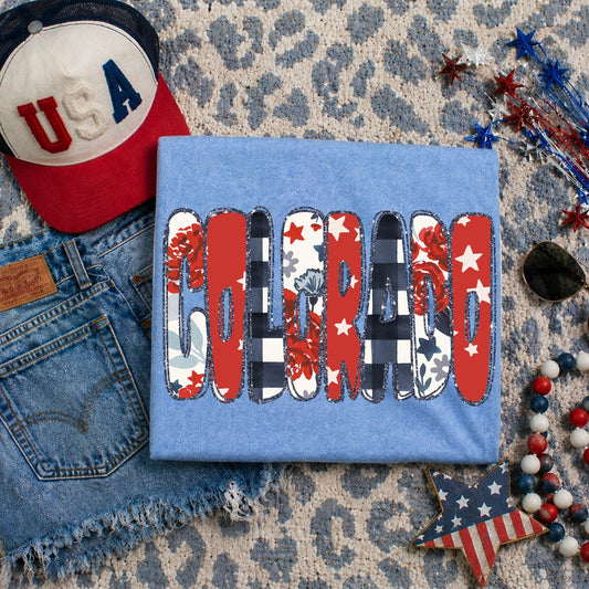 Colorado (Glitter Floral Gingham and Stars Patriotic State) - DTF