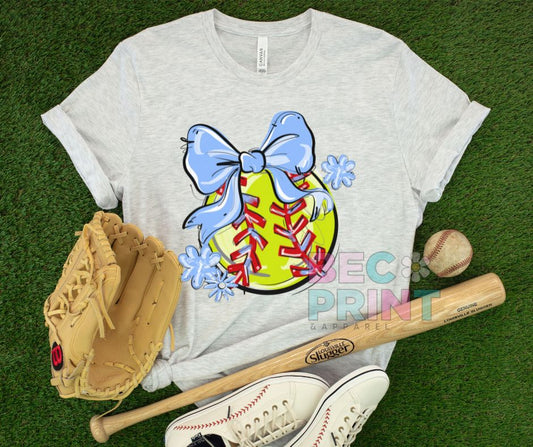Play Ball Floral Bow - Columbia Blue (Softball) - DTF