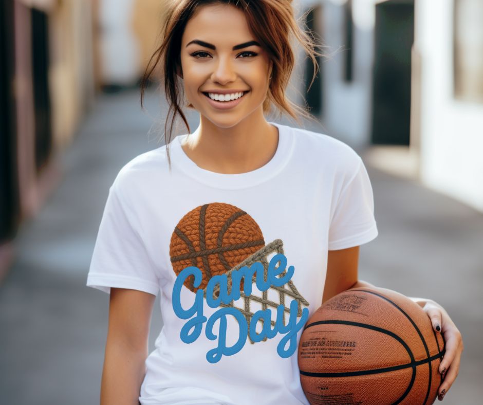 Game Day Basketball (Light Blue - Faux Yarn) - DTF