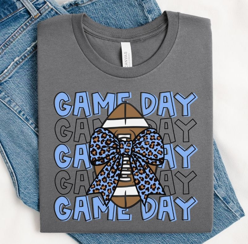 Game Day Football (Columbia Blue with Leopard Bow) - DTF