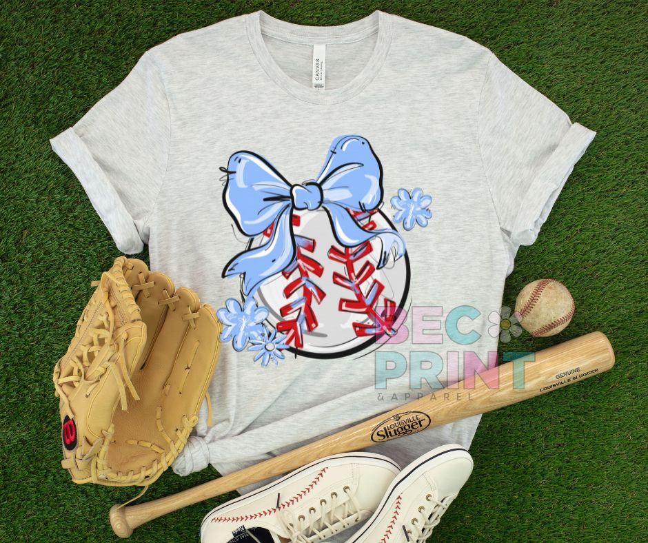 Play Ball Floral Bow - Columbia Blue (Baseball) - DTF