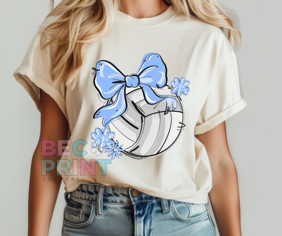 Play Ball Floral Bow - Columbia Blue (Volleyball) - DTF