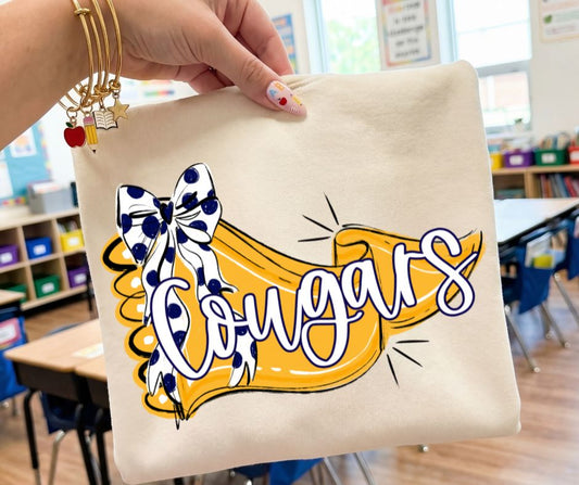 Cougars - Yellow Gold/Navy (Scalloped Pennant Bow Accent Mascot) - DTF