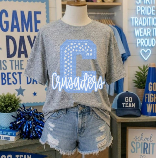 Crusaders - Columbia Blue Letter C dots (Letterman Stitch Mascot) - DTF