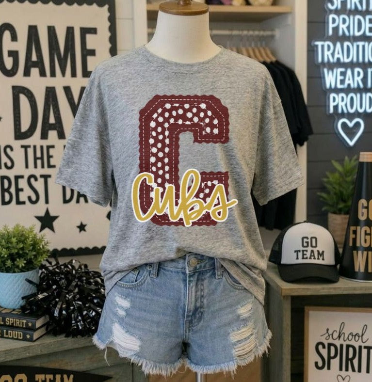 Cubs - Maroon Letter C dots (Letterman Stitch Mascot) - DTF