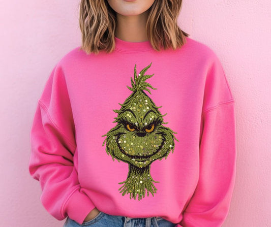 Christmas Yarn Sequin Green Guy Face - DTF