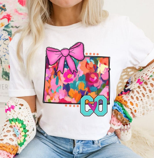 CO (Watercolor State Abbrev. w/Pink Bow - coquette)  - DTF