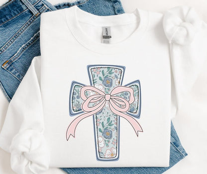 Cross Muted Floral with Bow - DTF
