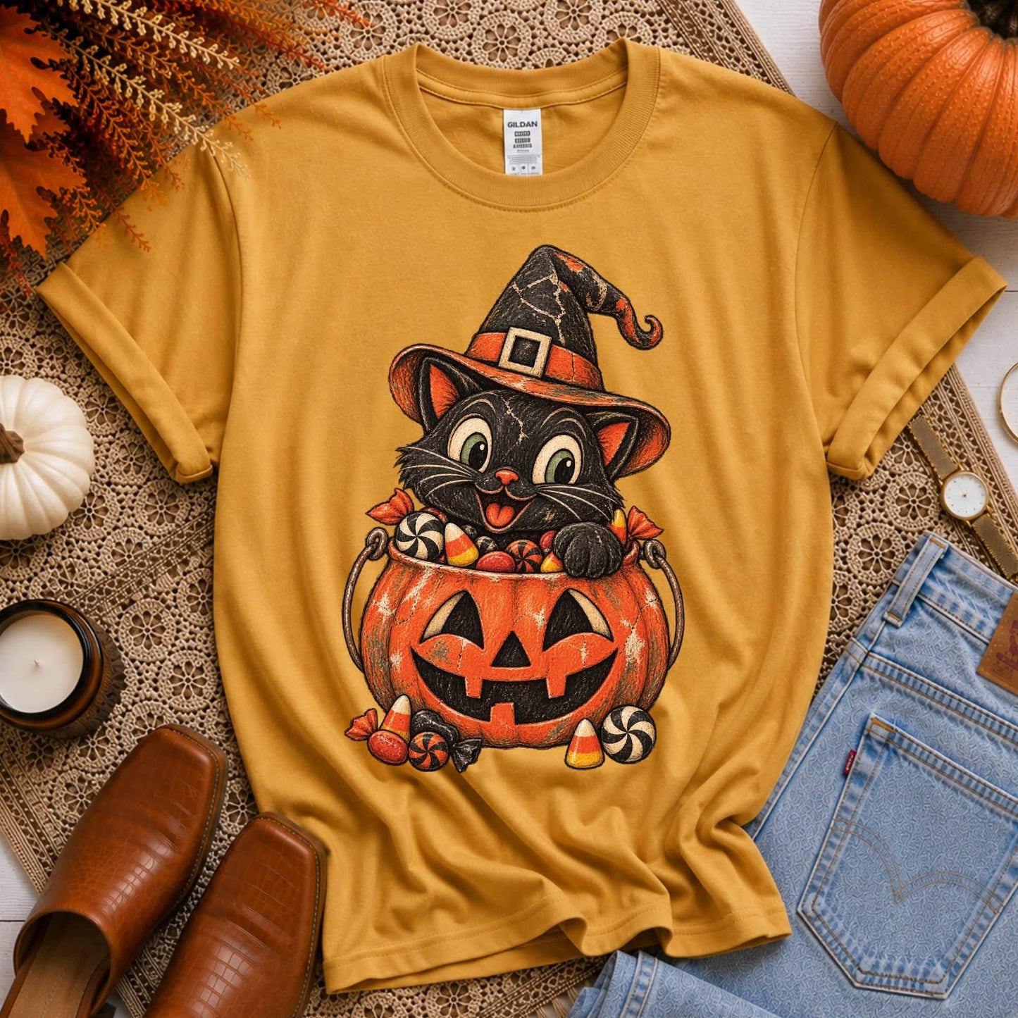 Cat in Pumpkin Bucket Vintage Sketch - DTF