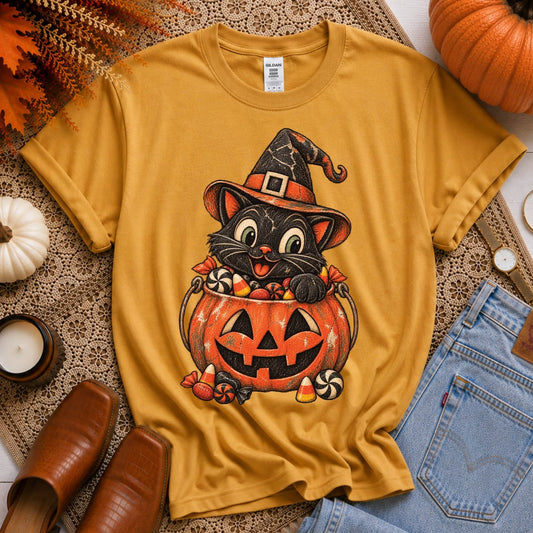 Cat in Pumpkin Bucket Vintage Sketch - DTF