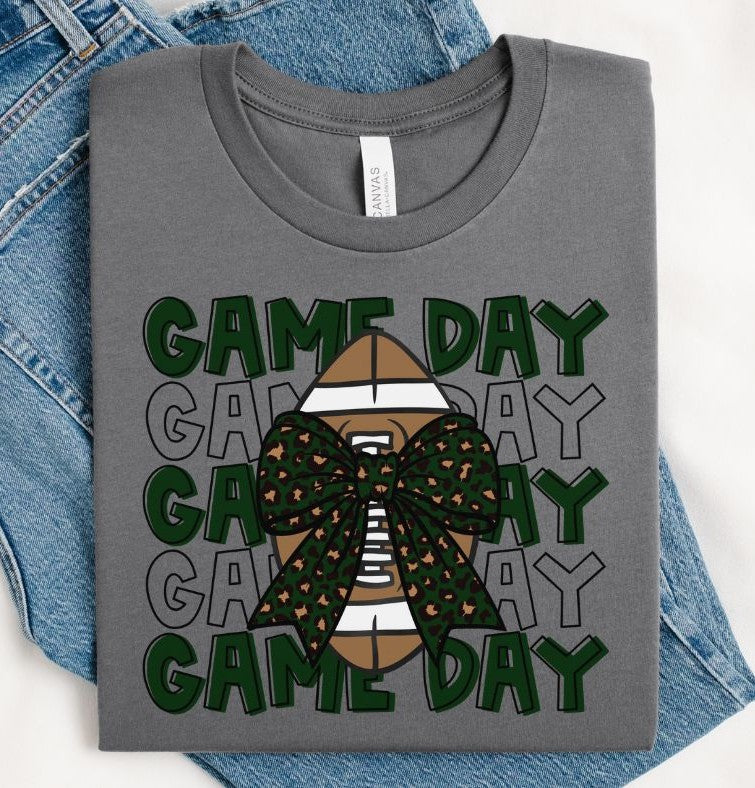 Game Day Football (Dark Green with Leopard Bow) - DTF