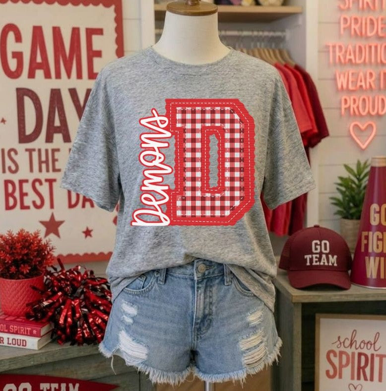 Demons - Red Letter D gingham (Letterman Stitch Mascot) - DTF
