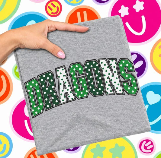 Dragons - Kelly Green/Dark Green (Sketched Arch Polka Dot Mascots) - DTF