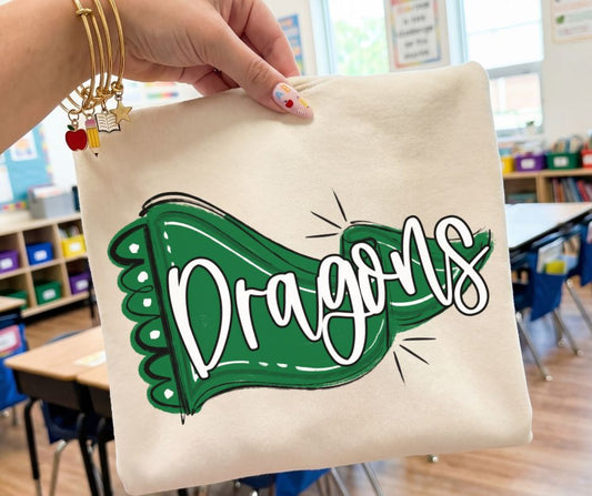 Dragons - Kelly Green/White/No Bow (Scalloped Pennant Bow Accent Mascot) - DTF