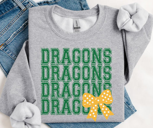 Dragons - Kelly Green/Yellow Gold (Distressed Stacked Mascot Bow) - DTF