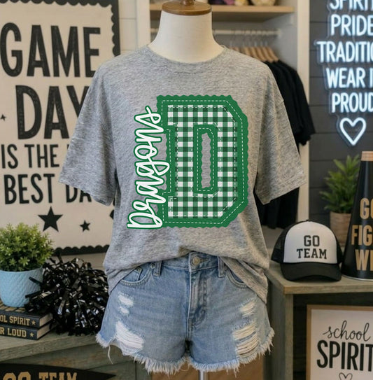 Dragons - Kelly Green Letter D gingham (Letterman Stitch Mascot) - DTF