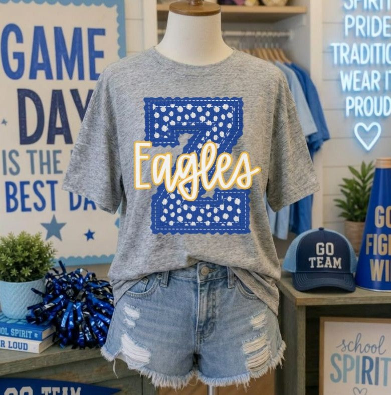 Eagles - Royal Blue/Yellow Gold Letter Z dots (Letterman Stitch Mascot) - DTF