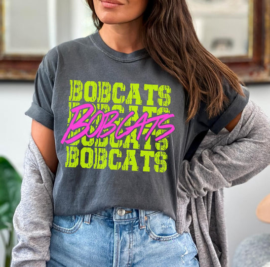 Bobcats (bright yellow/pink stacked mascot) - DTF