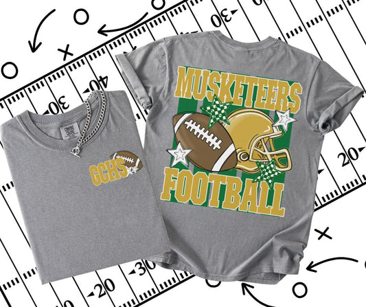 Musketeers - GCHS - Kelly Green/Vegas Gold (Football Stripes Mascot 2-in-1 front/back design) - DTF