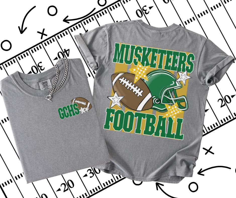 Musketeers - GCHS - Kelly Green/Vegas Gold (Football Stripes Mascot 2-in-1 front/back design) - DTF
