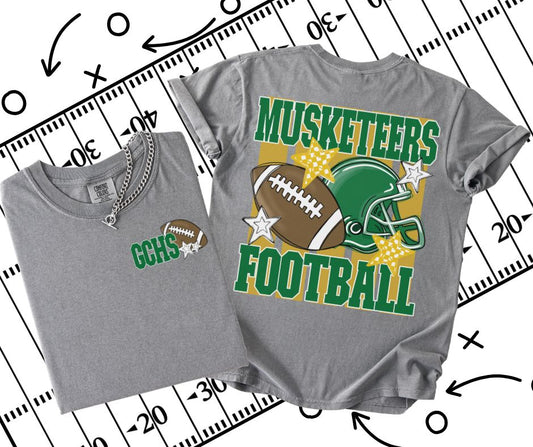 Musketeers - GCHS - Kelly Green/Vegas Gold (Football Stripes Mascot 2-in-1 front/back design) - DTF