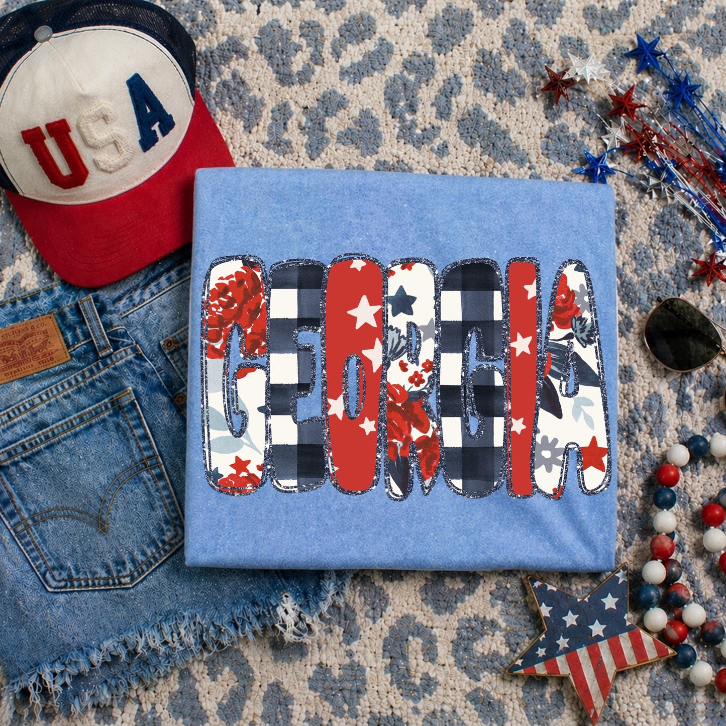 Georgia (Glitter Floral Gingham and Stars Patriotic State) - DTF