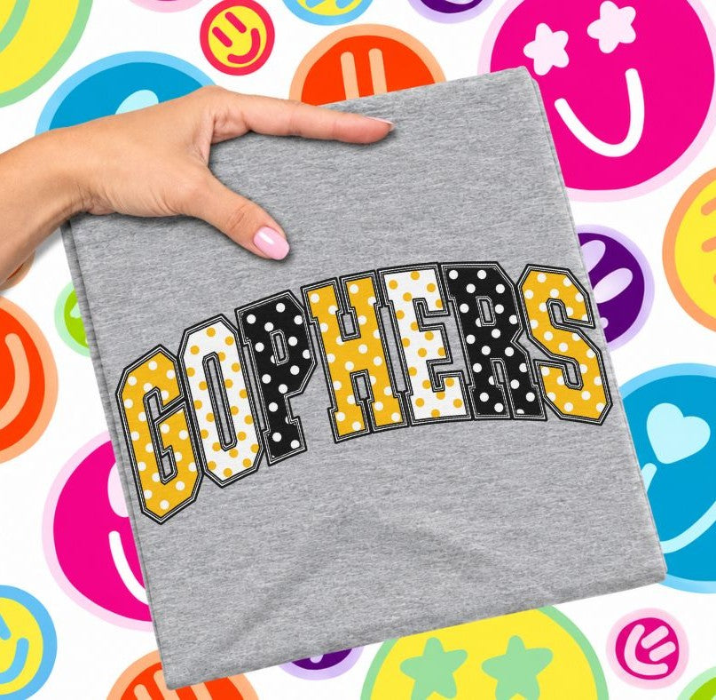 Gophers - Yellow Gold/Black (Sketched Arch Polka Dot Mascots) - DTF