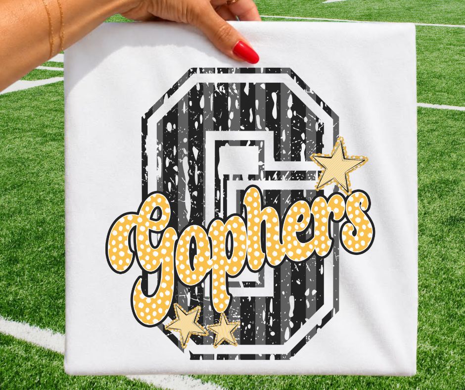 Gophers - Black/Yellow Gold (Varsity Stripes & Dots Mascot) - DTF