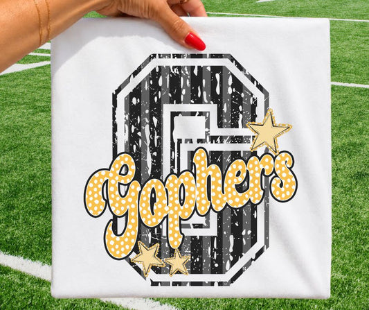 Gophers - Black/Yellow Gold (Varsity Stripes & Dots Mascot) - DTF