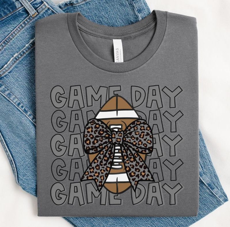 Game Day Football (Gray with Leopard Bow) - DTF