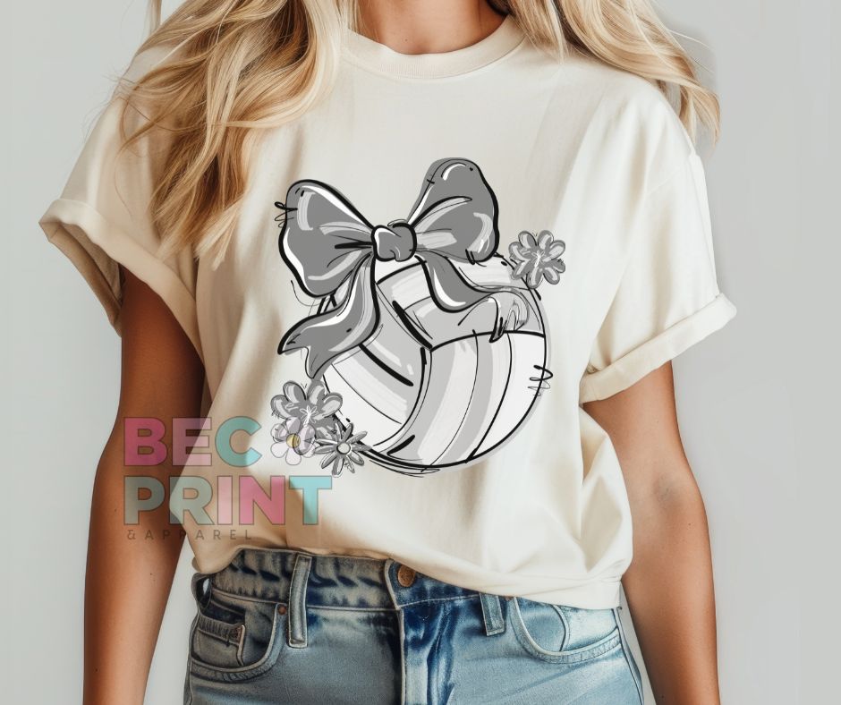Play Ball Floral Bow - Gray (Volleyball) - DTF