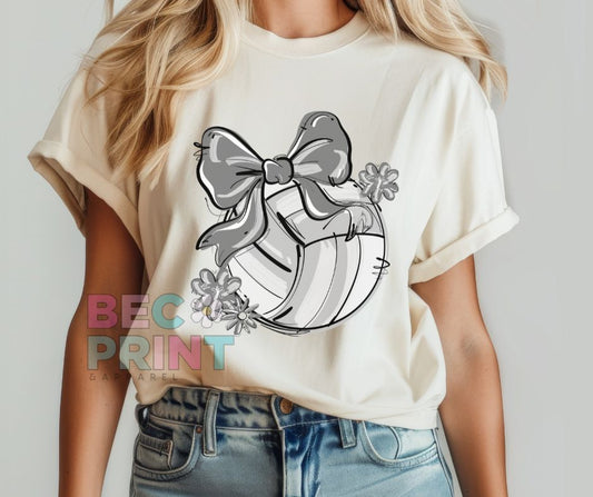 Play Ball Floral Bow - Gray (Volleyball) - DTF