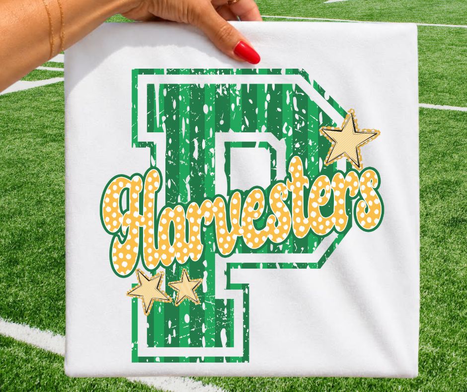 Harvesters - Kelly Green/Yellow Gold (Varsity Stripes & Dots Mascot) - DTF