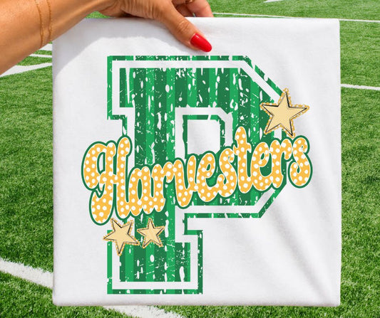 Harvesters - Kelly Green/Yellow Gold (Varsity Stripes & Dots Mascot) - DTF