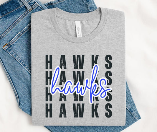 Hawks - Royal Blue/Black (Stacked Distressed Mascots) - DTF