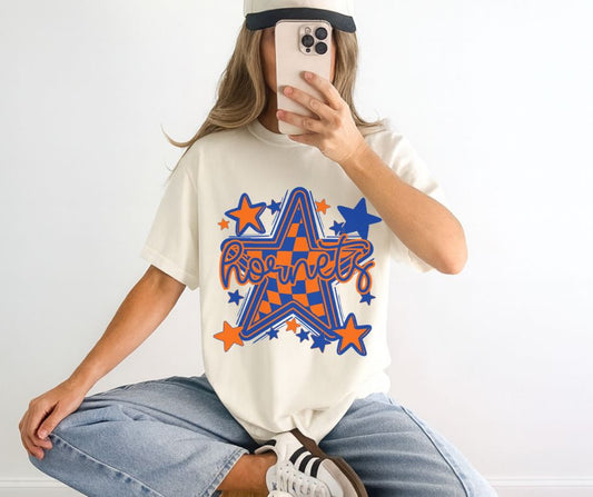 Hornets - Royal Blue/Orange (BW Checkered Stars Mascot) - DTF