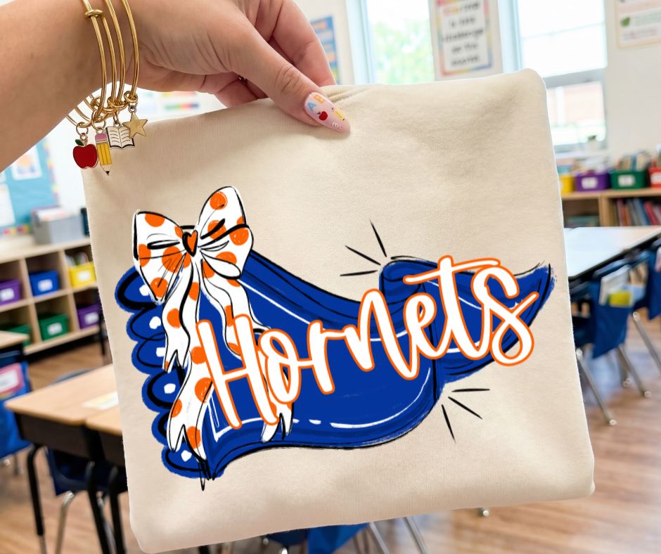 Hornets - Orange/Royal Blue (Scalloped Pennant Bow Accent Mascot) - DTF