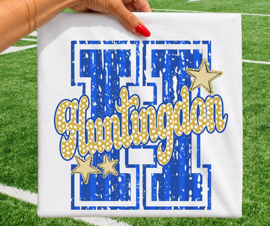 Huntingdon - Royal Blue/Vegas Gold (Varsity Stripes & Dots Mascot) - DTF
