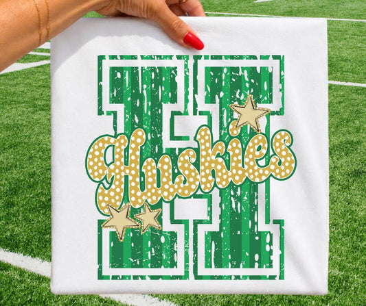 Huskies - Kelly Green/Vegas Gold (Varsity Stripes & Dots Mascot) - DTF