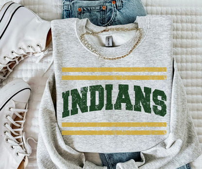 Indians - Dark Green/Vegas Gold (Mascot Distressed Lines) - DTF