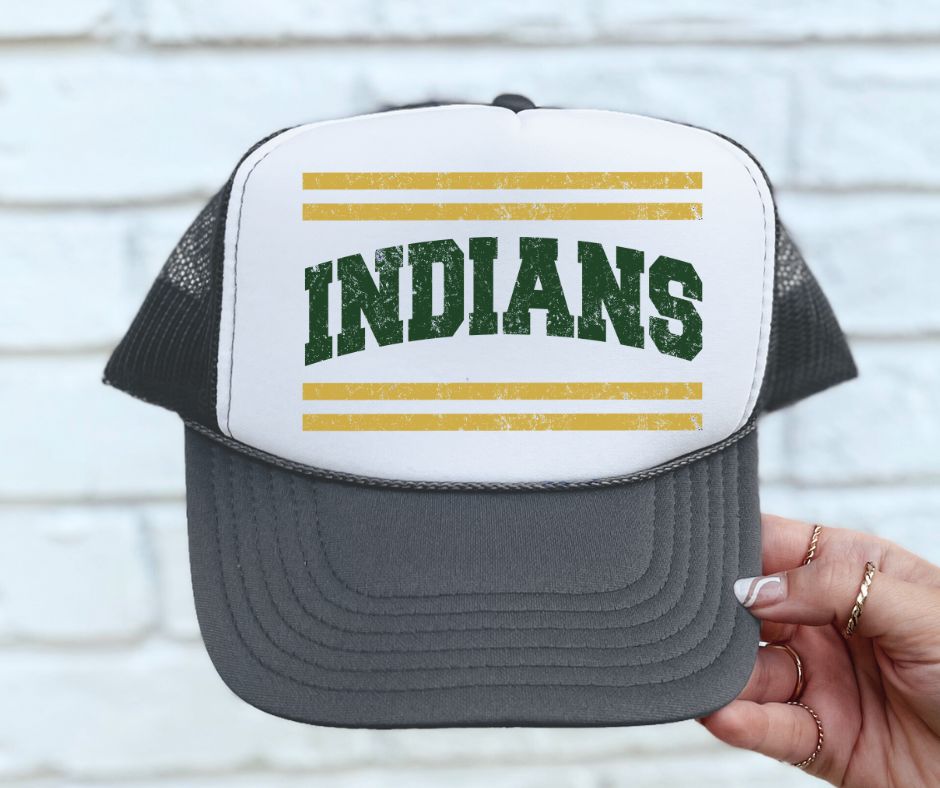Indians - Dark Green/Vegas Gold (Mascot Distressed Lines) - DTF