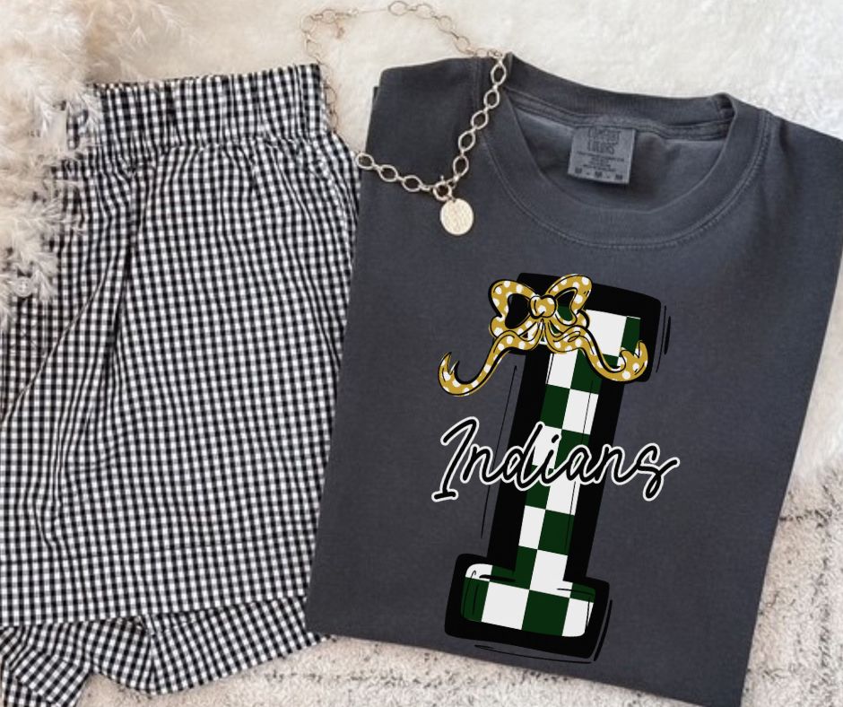 Indians - Dark Green/Vegas Gold (Checkered Coquette Mascot)  - DTF