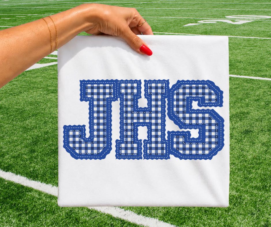 JHS - Royal Blue gingham (Letterman Stitch School Letters) - DTF