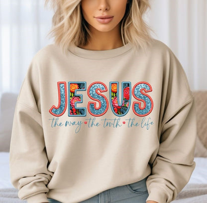 Jesus the way the truth the life (faux sequin/embroidered look) - DTF