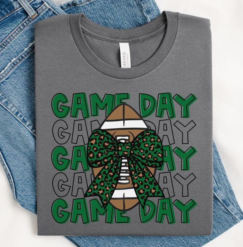 Game Day Football (Kelly Green with Leopard Bow) - DTF