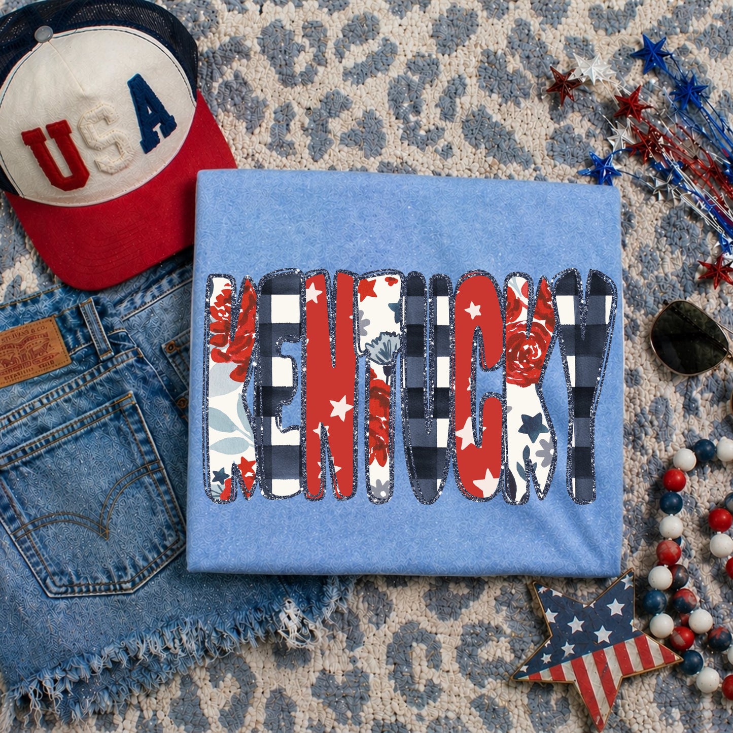 Kentucky (Glitter Floral Gingham and Stars Patriotic State) - DTF