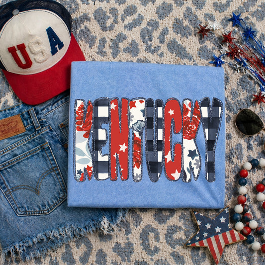 Kentucky (Glitter Floral Gingham and Stars Patriotic State) - DTF