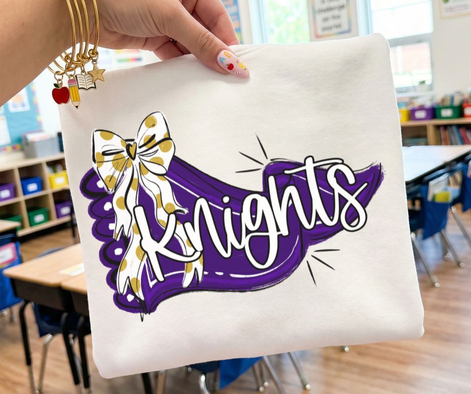 Knights - Purple/Vegas Gold (Scalloped Pennant Bow Accent Mascot) - DTF